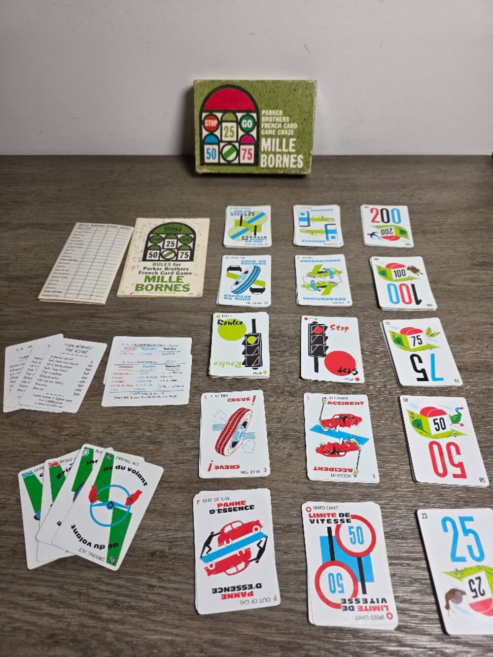 Vintage 1962 Mille Bornes French Card Game Parker Bros COMPLETE 106 Game Cards